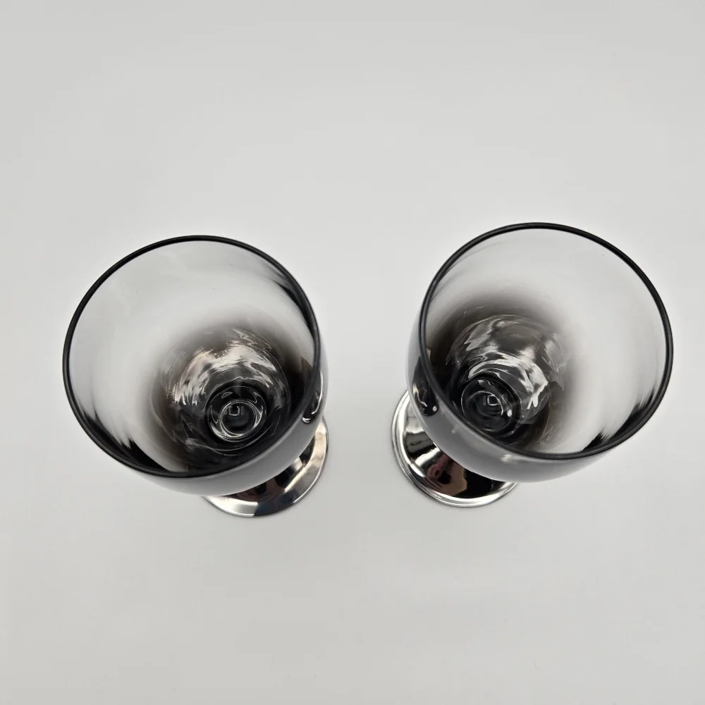 Vintage MCM France Ombre Clear Silver Cocktail Wine Glasses Goblets Set Of 2
